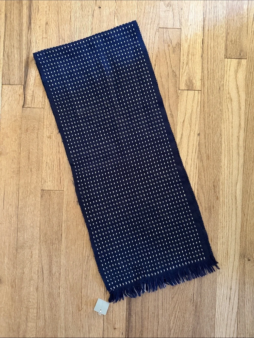 Men's Navy Wool Woven Fringe Scarf Classic Pattern